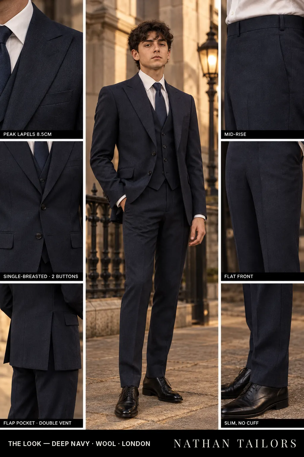 deep navy single-breasted bespoke suit โ custom tailored by Nathan Tailors, the Hoi An custom tailor