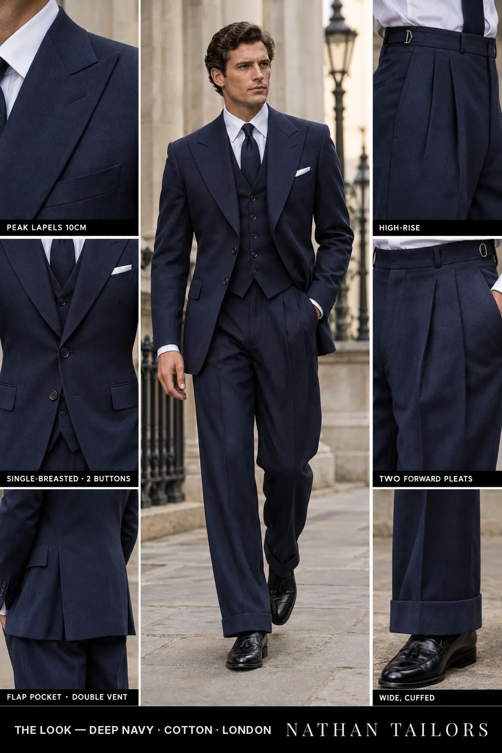 deep navy single-breasted bespoke suit — custom tailored by Nathan Tailors, the Hoi An custom tailor