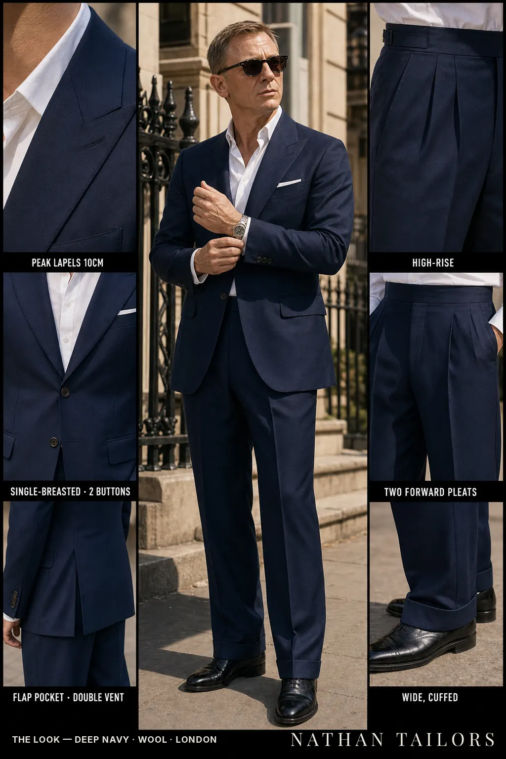 deep navy single-breasted peak-lapel bespoke suit โ AI-rendered by Nathan Tailors, the Hoi An custom tailor. Available as a custom tailored suit from $149.