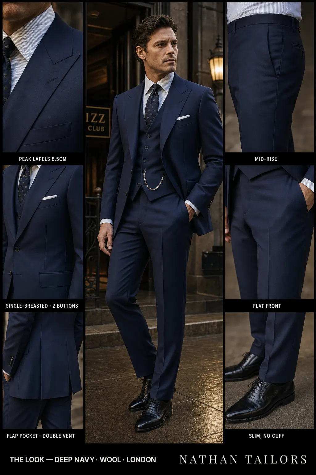 deep navy single-breasted peak-lapel bespoke suit — AI-rendered by Nathan Tailors, the Hoi An custom tailor. Available as a custom tailored suit from $149.