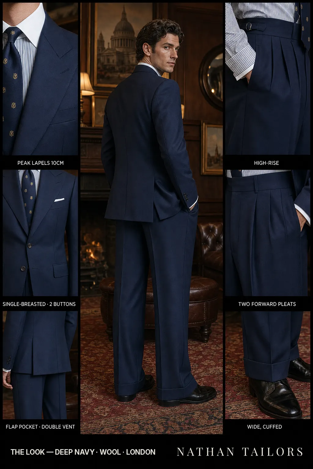 deep navy single-breasted peak-lapel bespoke suit — AI-rendered by Nathan Tailors, the Hoi An custom tailor. Available as a custom tailored suit from $149.
