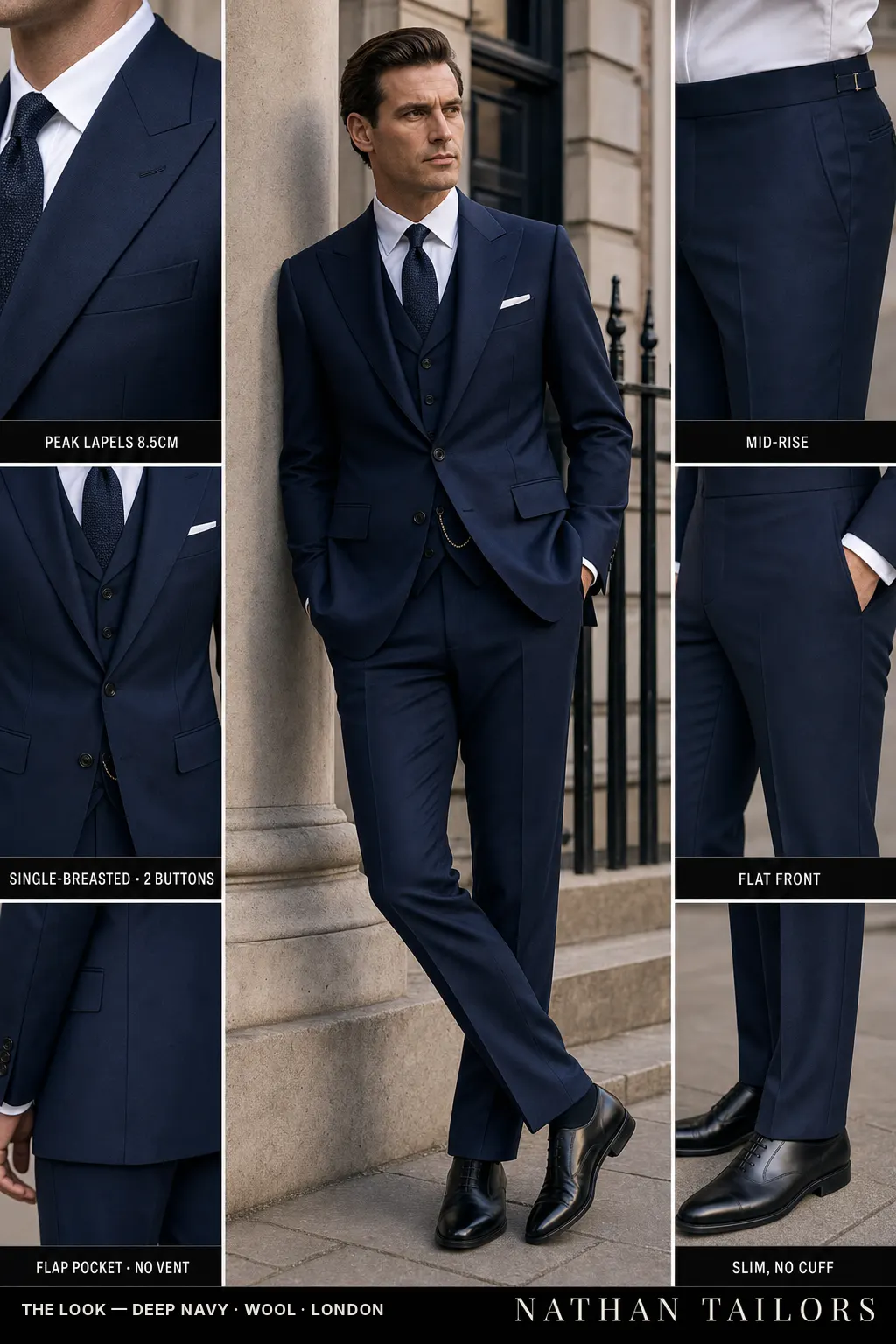 deep navy single-breasted peak-lapel bespoke suit — AI-rendered by Nathan Tailors, the Hoi An custom tailor. Available as a custom tailored suit from $149.