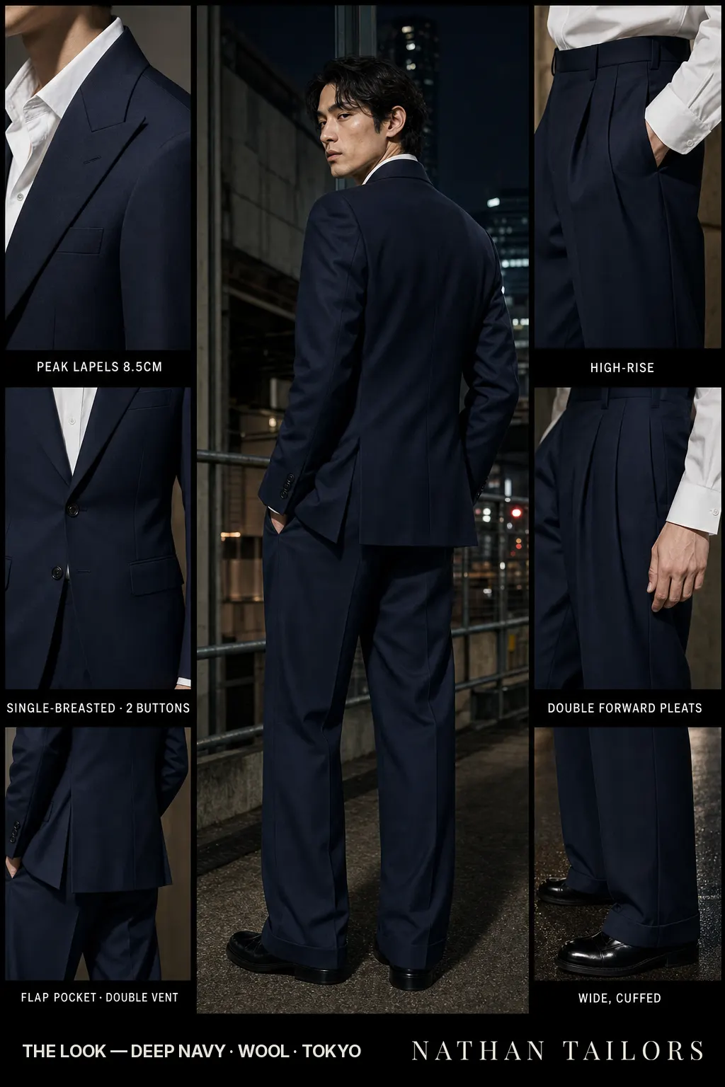 deep navy single-breasted peak-lapel bespoke suit — AI-rendered by Nathan Tailors, the Hoi An custom tailor. Available as a custom tailored suit from $149.