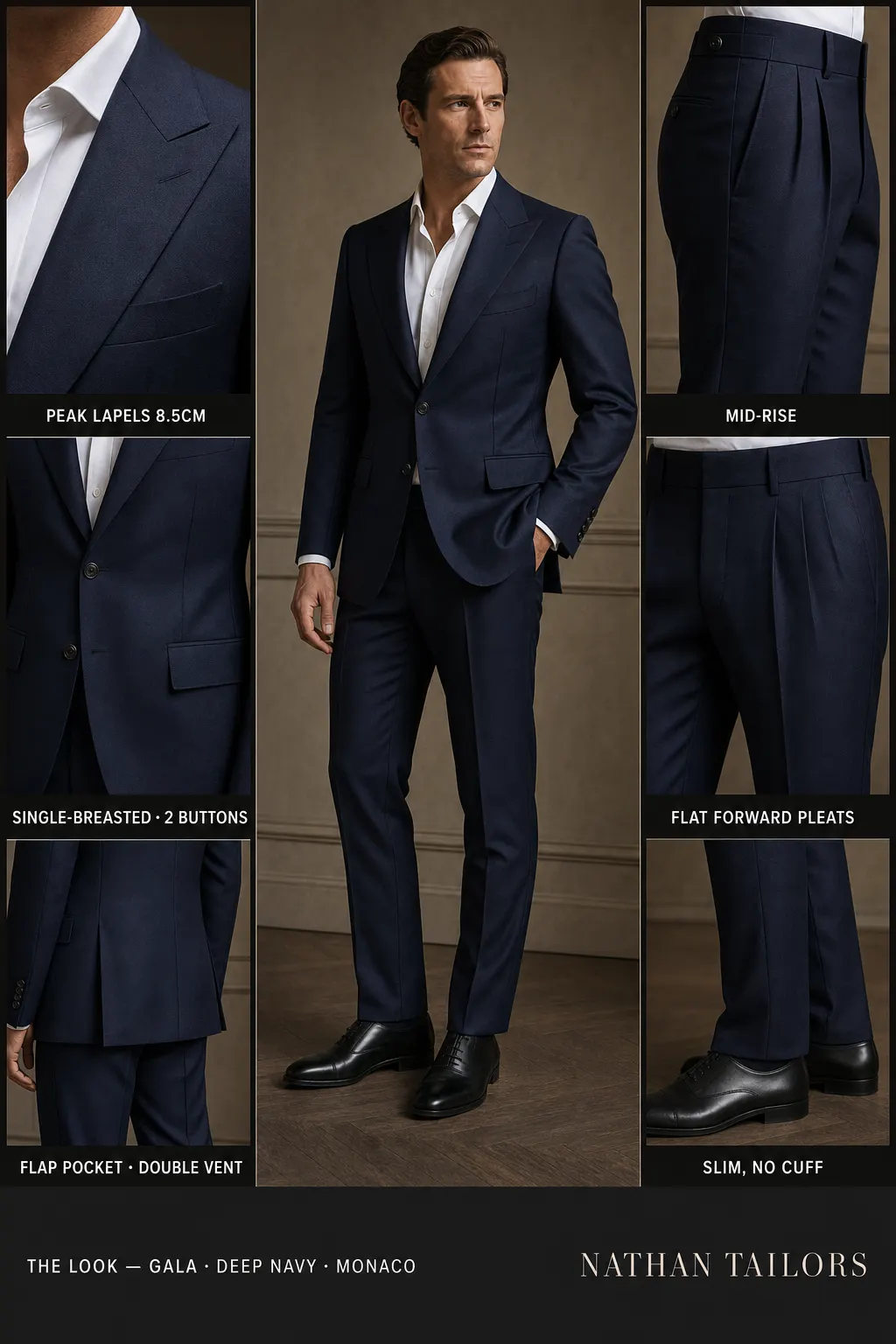 deep navy single-breasted peak-lapel bespoke suit โ AI-rendered by Nathan Tailors, the Hoi An custom tailor. Available as a custom tailored suit from $149.