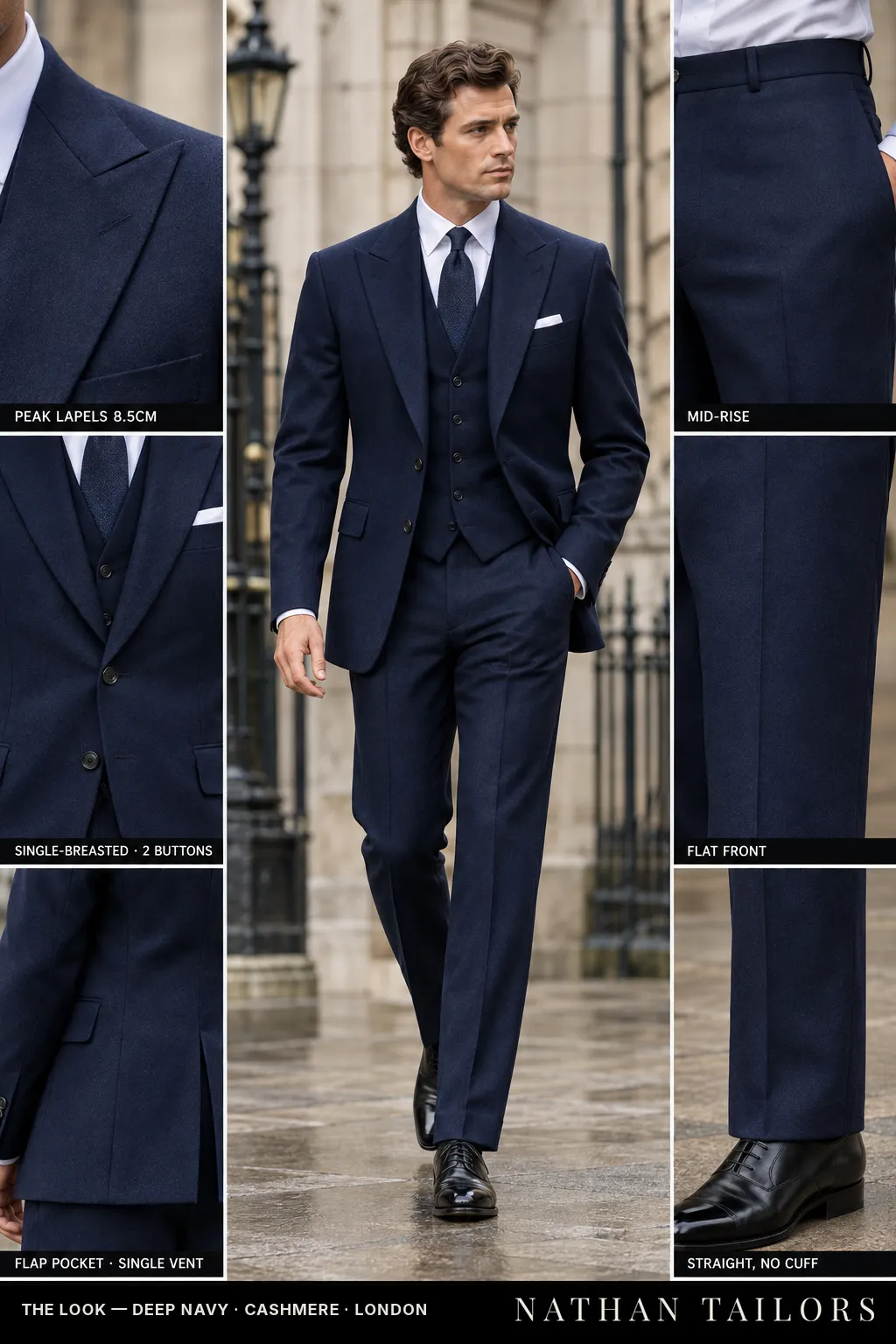 deep navy single-breasted bespoke suit โ custom tailored by Nathan Tailors, the Hoi An custom tailor