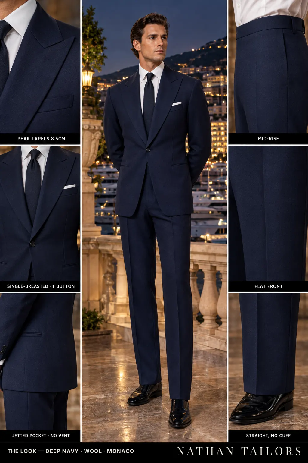 deep navy single-breasted bespoke suit โ custom tailored by Nathan Tailors, the Hoi An custom tailor