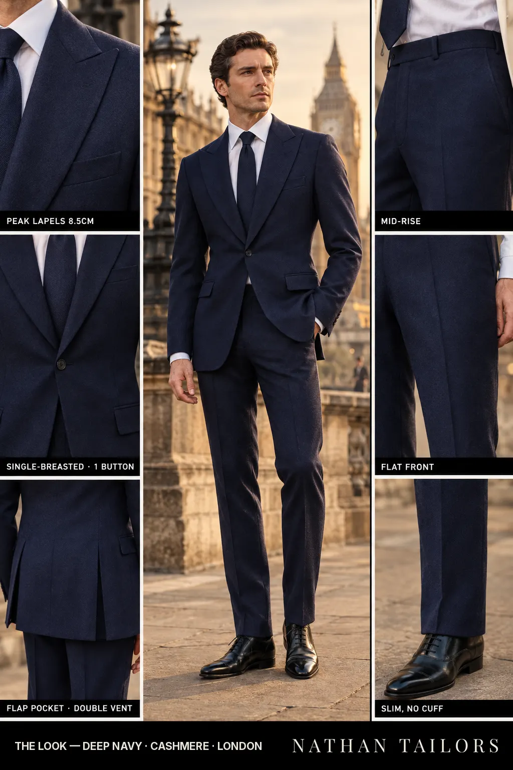 deep navy single-breasted bespoke suit — custom tailored by Nathan Tailors, the Hoi An custom tailor
