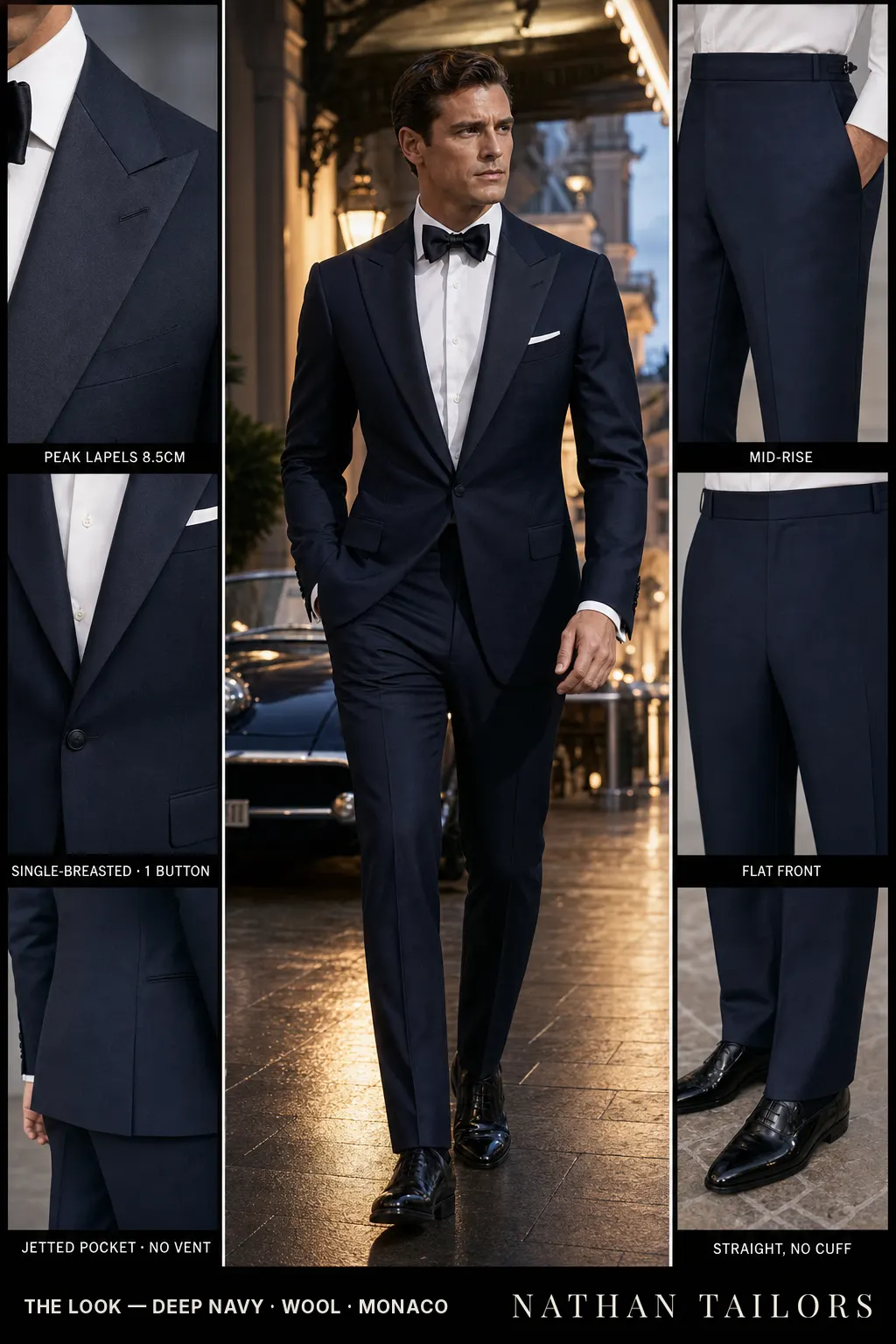 deep navy single-breasted peak-lapel bespoke suit — AI-rendered by Nathan Tailors, the Hoi An custom tailor. Available as a custom tailored suit from $149.