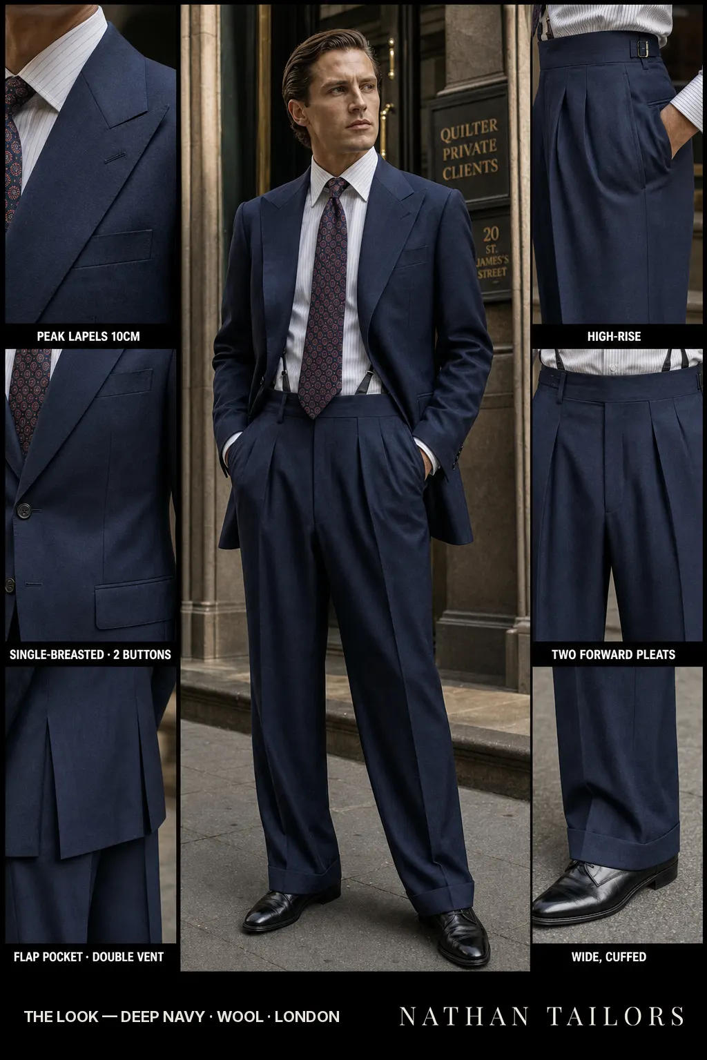 deep navy single-breasted peak-lapel bespoke suit — AI-rendered by Nathan Tailors, the Hoi An custom tailor. Available as a custom tailored suit from $149.
