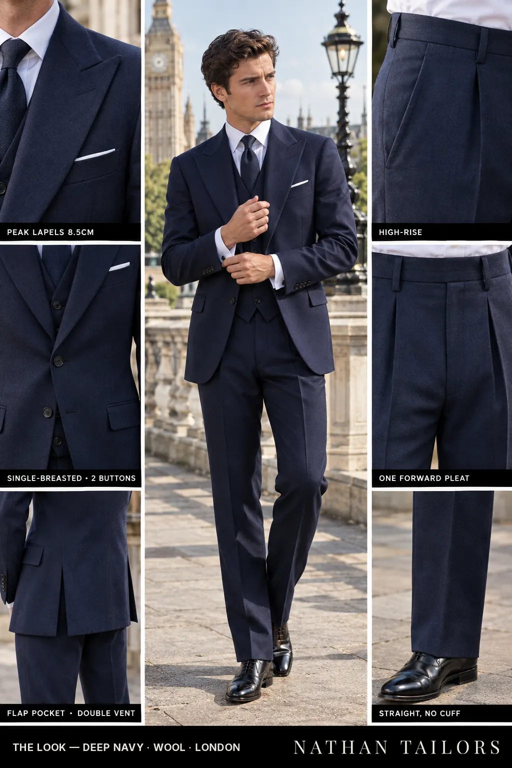 deep navy single-breasted bespoke suit โ custom tailored by Nathan Tailors, the Hoi An custom tailor