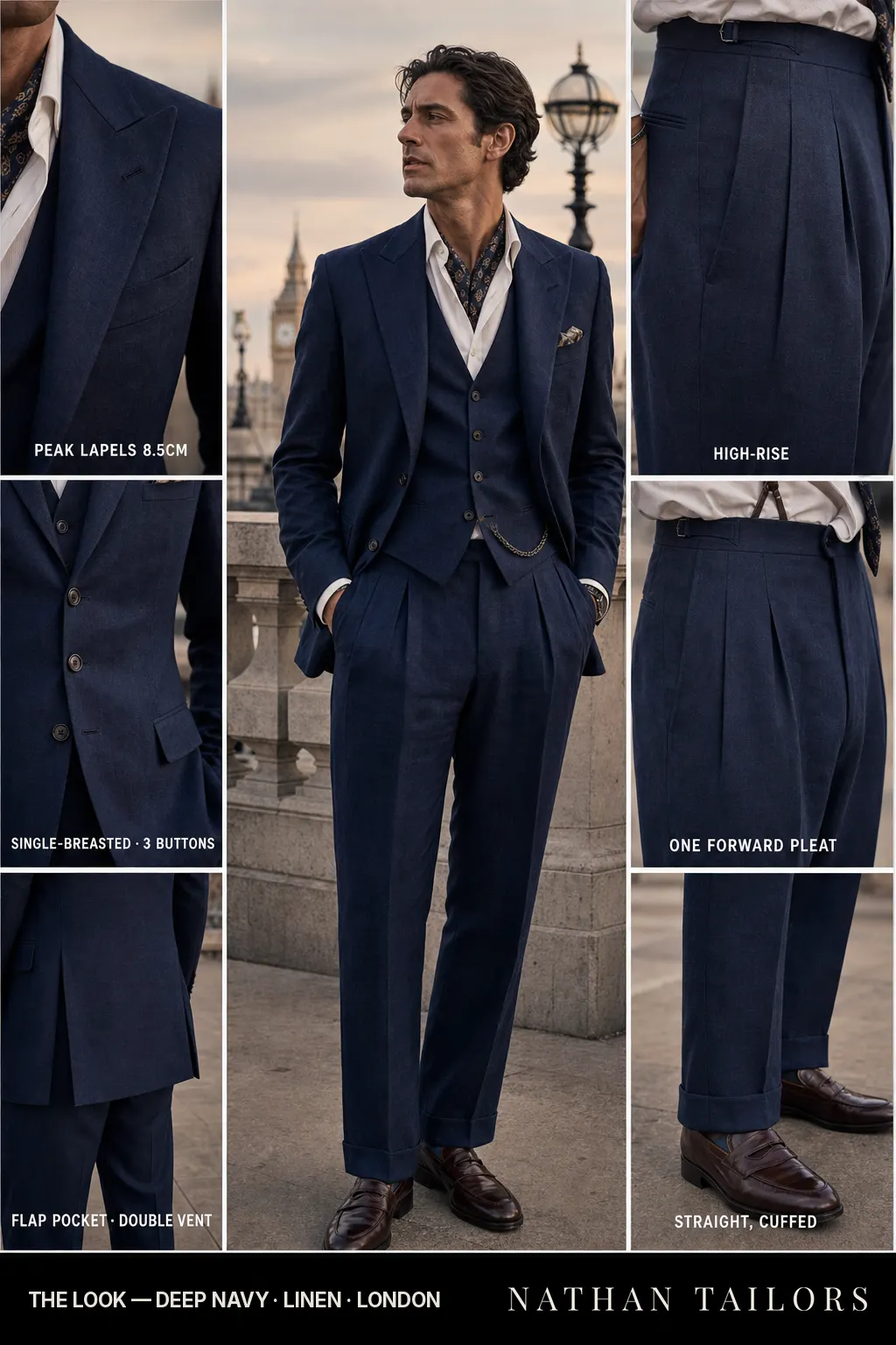 deep navy single-breasted peak-lapel bespoke suit — AI-rendered by Nathan Tailors, the Hoi An custom tailor. Available as a custom tailored suit from $149.