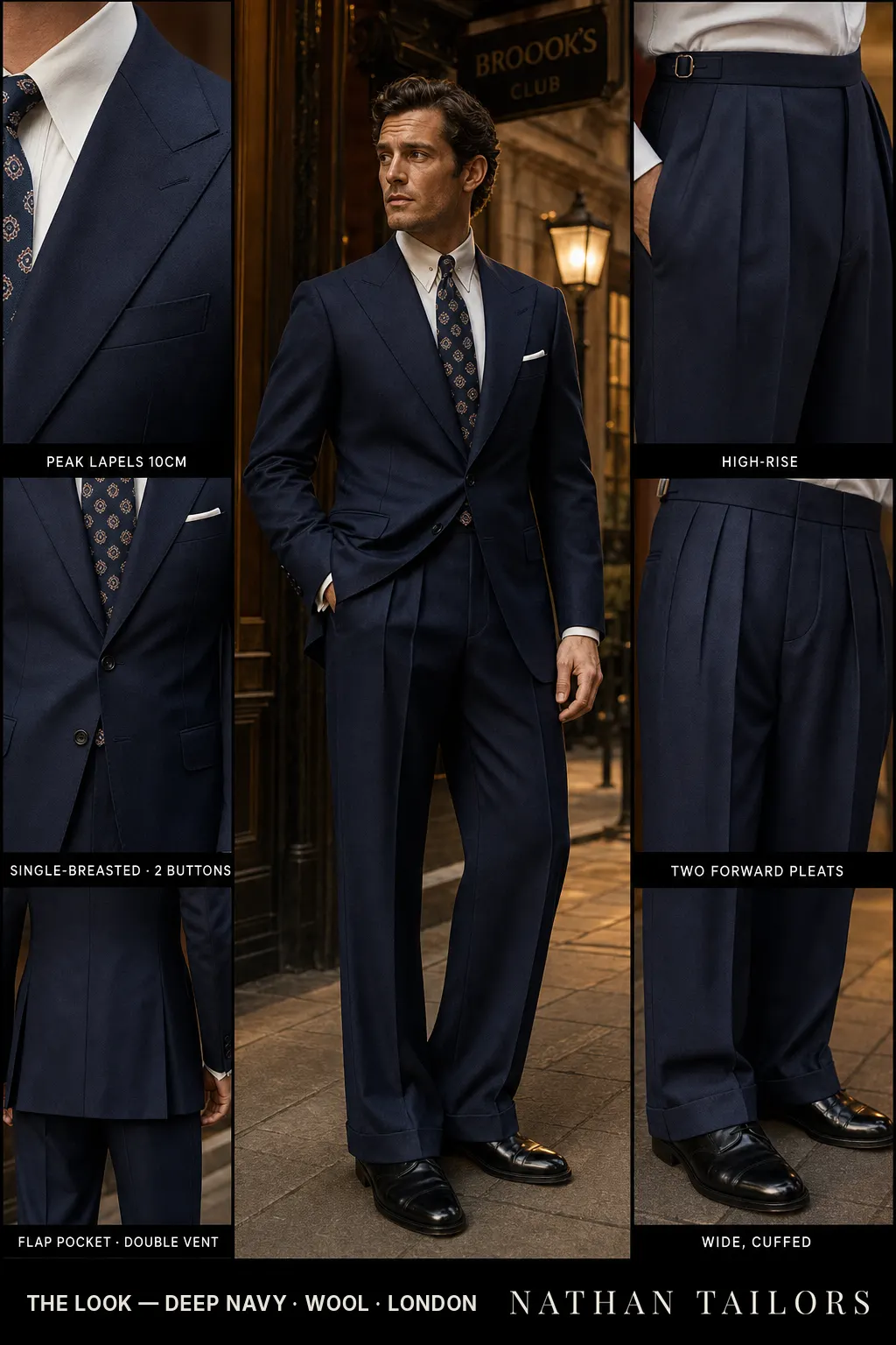 deep navy single-breasted peak-lapel bespoke suit — AI-rendered by Nathan Tailors, the Hoi An custom tailor. Available as a custom tailored suit from $149.