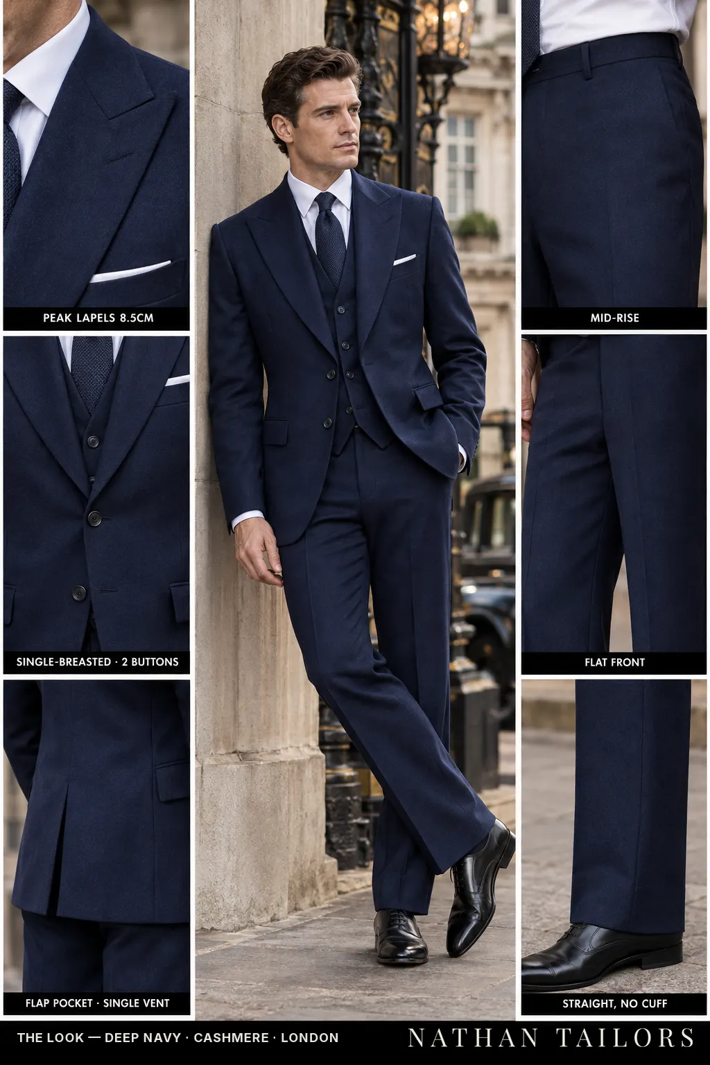 deep navy single-breasted bespoke suit — custom tailored by Nathan Tailors, the Hoi An custom tailor