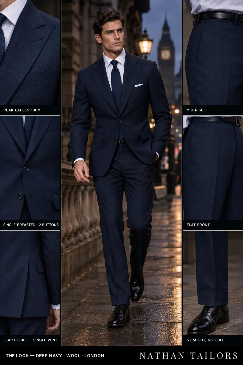 deep navy single-breasted bespoke suit — custom tailored by Nathan Tailors, the Hoi An custom tailor