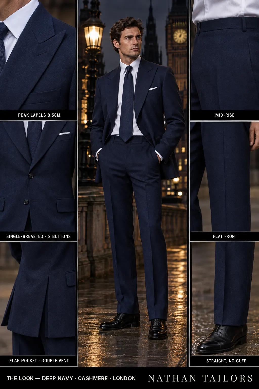 deep navy single-breasted peak-lapel bespoke suit โ AI-rendered by Nathan Tailors, the Hoi An custom tailor. Available as a custom tailored suit from $149.