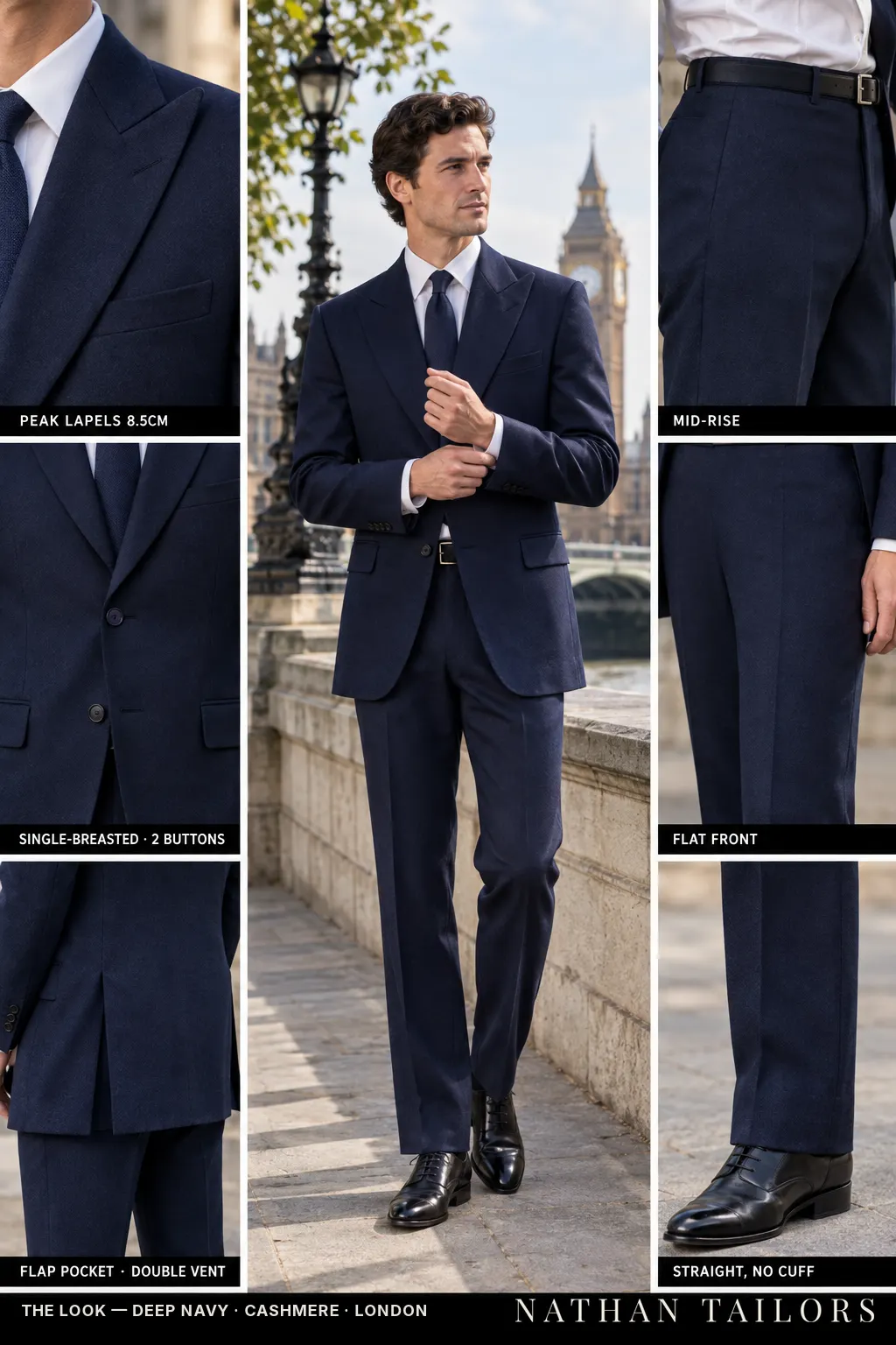 deep navy single-breasted bespoke suit โ custom tailored by Nathan Tailors, the Hoi An custom tailor