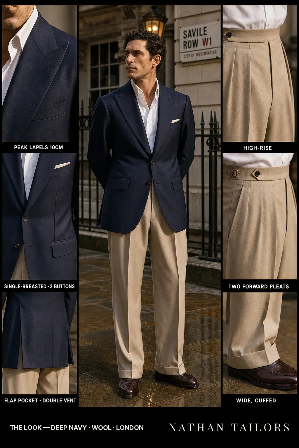deep navy single-breasted peak-lapel bespoke suit — AI-rendered by Nathan Tailors, the Hoi An custom tailor. Available as a custom tailored suit from $149.