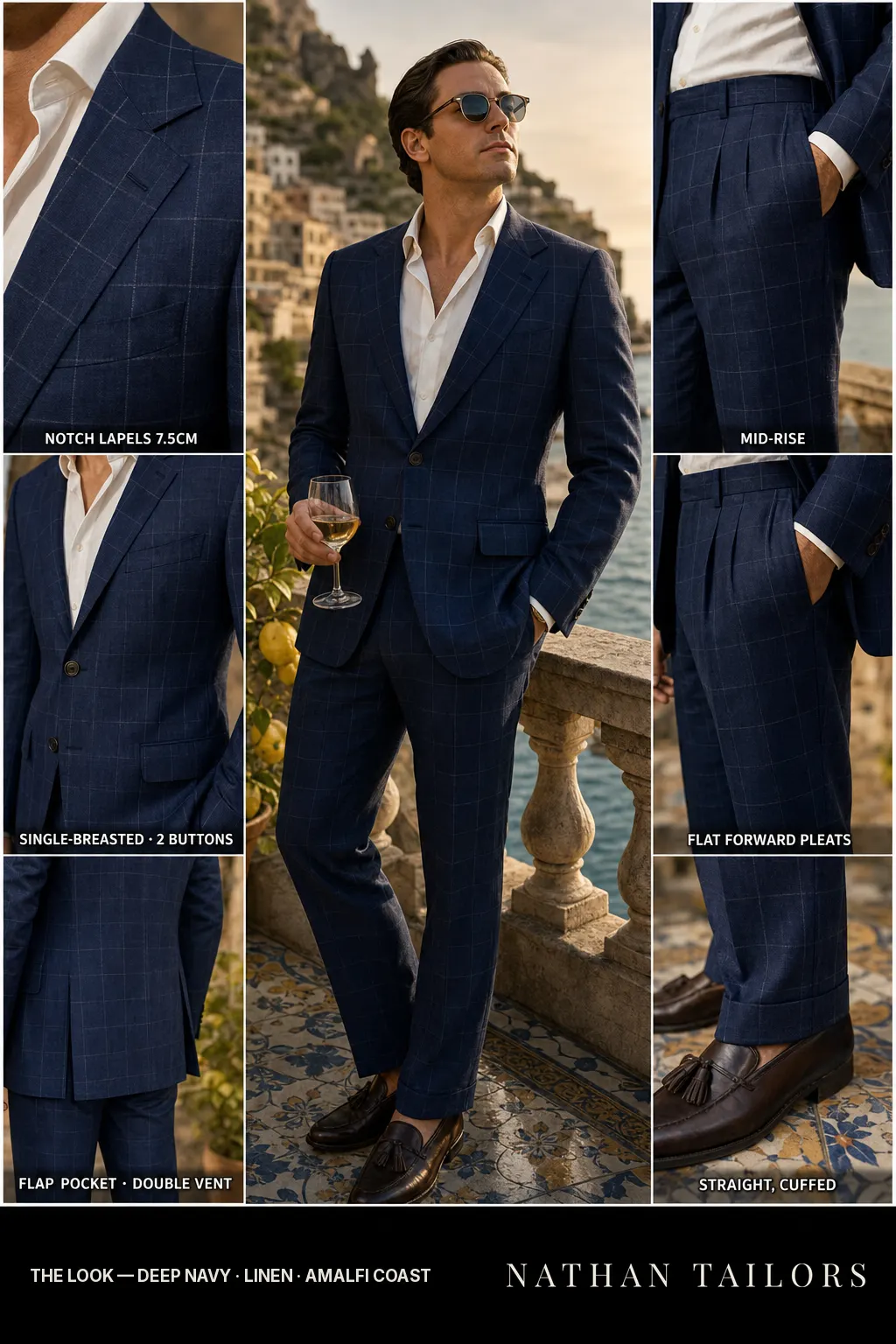 deep navy windowpane single-breasted notch-lapel bespoke suit โ AI-rendered by Nathan Tailors, the Hoi An custom tailor. Available as a custom tailored suit from $149.