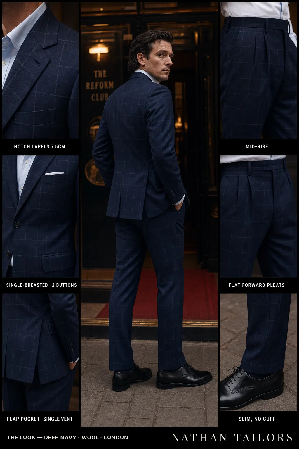 deep navy windowpane single-breasted notch-lapel bespoke suit — AI-rendered by Nathan Tailors, the Hoi An custom tailor. Available as a custom tailored suit from $149.