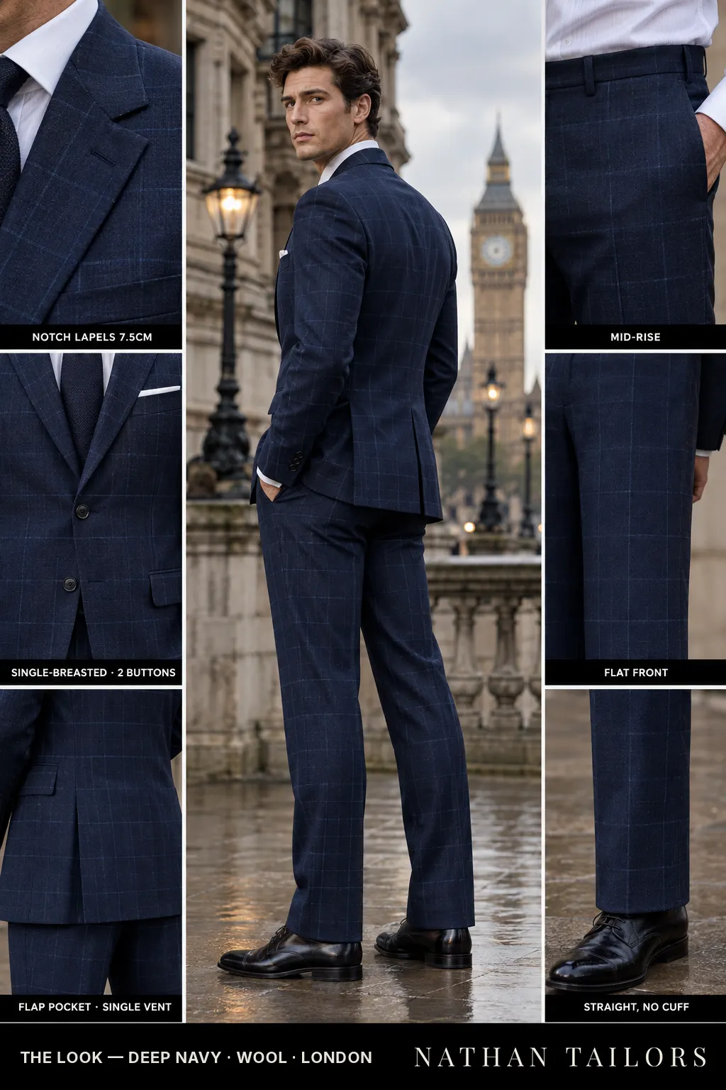 deep navy windowpane single-breasted bespoke suit — custom tailored by Nathan Tailors, the Hoi An custom tailor