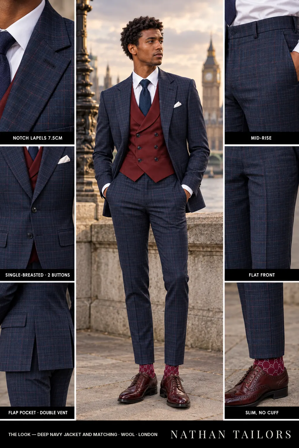 Deep navy jacket and matching windowpane single-breasted bespoke suit — custom tailored by Nathan Tailors, the Hoi An custom tailor