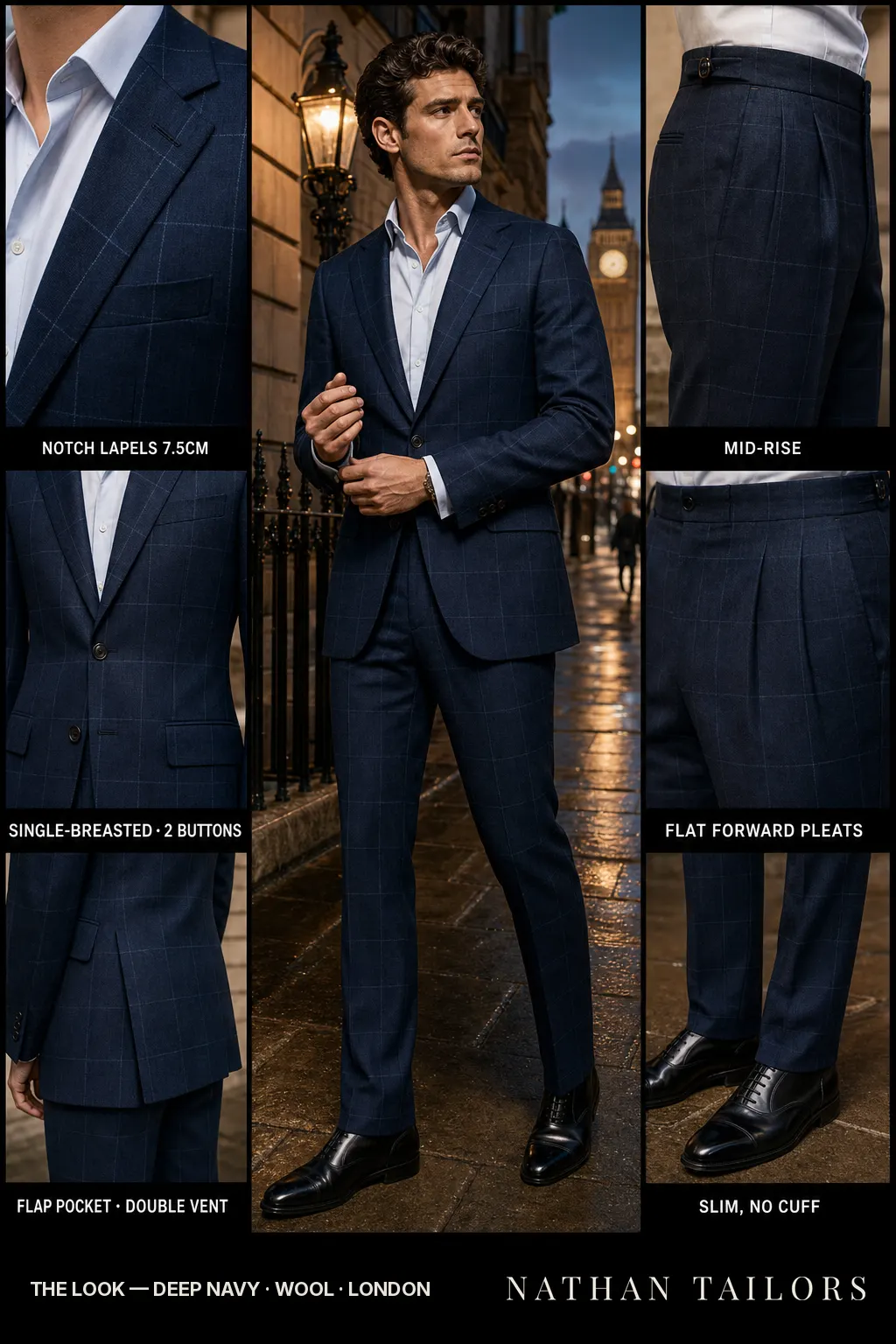 deep navy windowpane single-breasted notch-lapel bespoke suit โ AI-rendered by Nathan Tailors, the Hoi An custom tailor. Available as a custom tailored suit from $149.