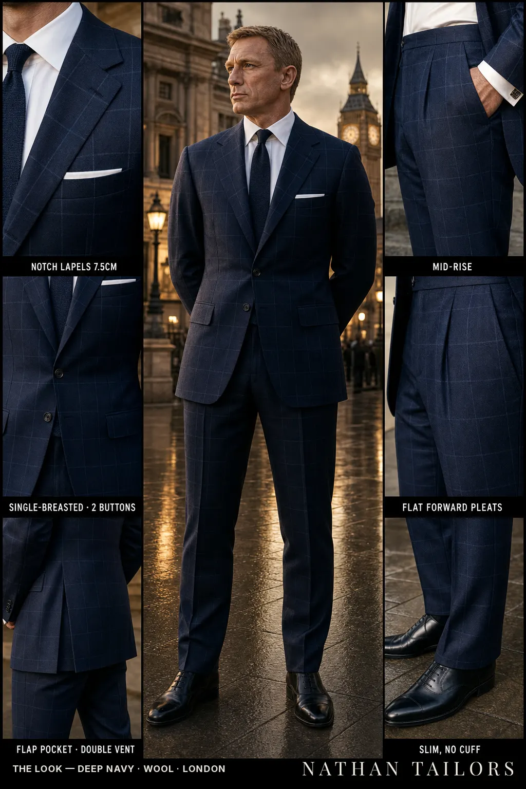 deep navy windowpane single-breasted notch-lapel bespoke suit — AI-rendered by Nathan Tailors, the Hoi An custom tailor. Available as a custom tailored suit from $149.