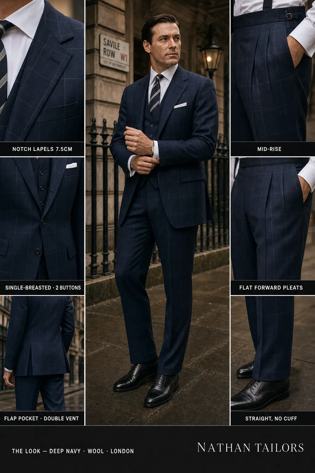 deep navy windowpane single-breasted notch-lapel bespoke suit — AI-rendered by Nathan Tailors, the Hoi An custom tailor. Available as a custom tailored suit from $169.
