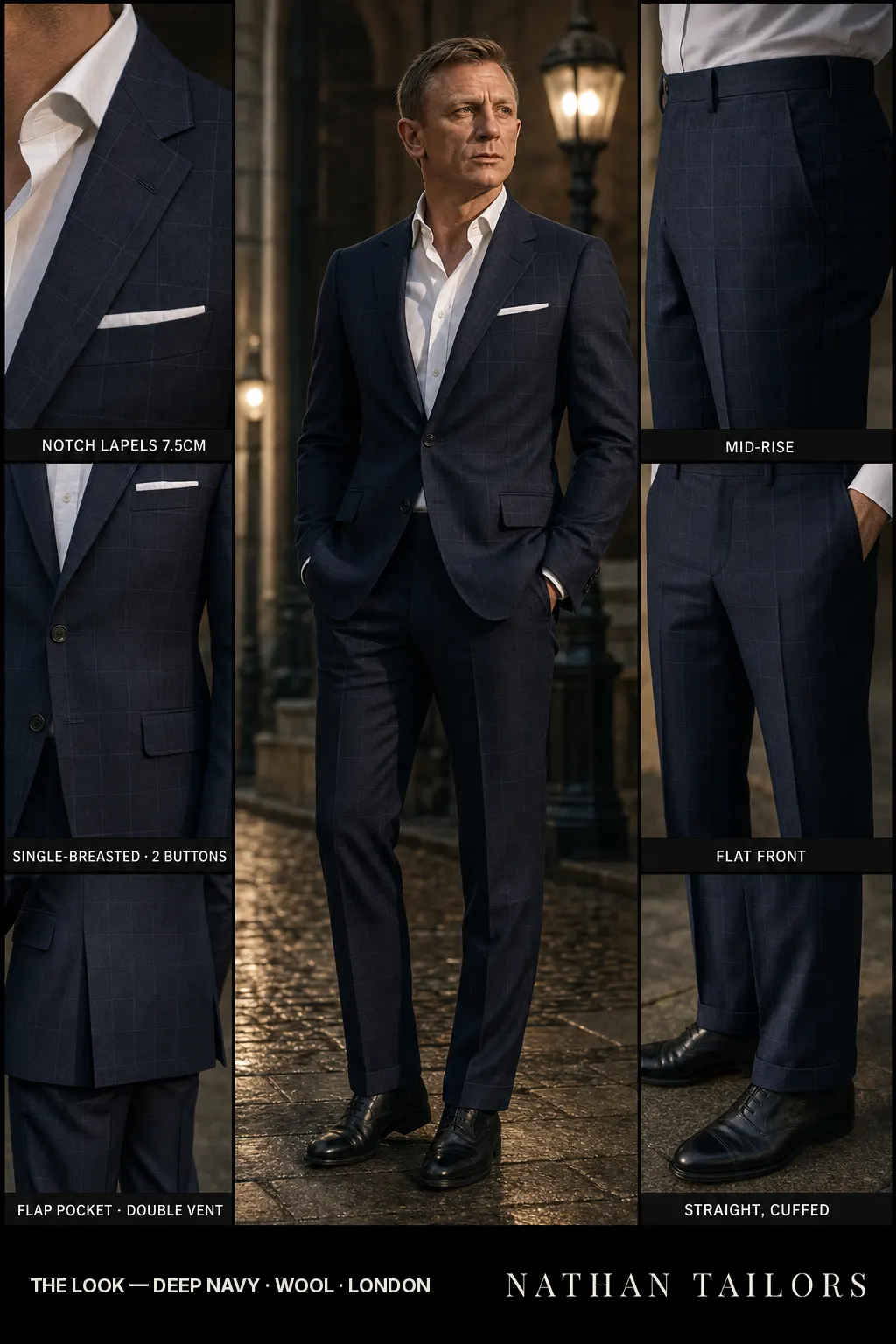 deep navy windowpane single-breasted notch-lapel bespoke suit — AI-rendered by Nathan Tailors, the Hoi An custom tailor. Available as a custom tailored suit from $149.