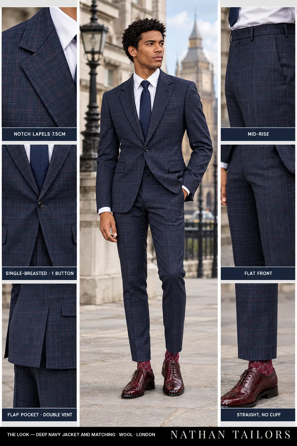 Deep navy jacket and matching windowpane single-breasted bespoke suit — custom tailored by Nathan Tailors, the Hoi An custom tailor