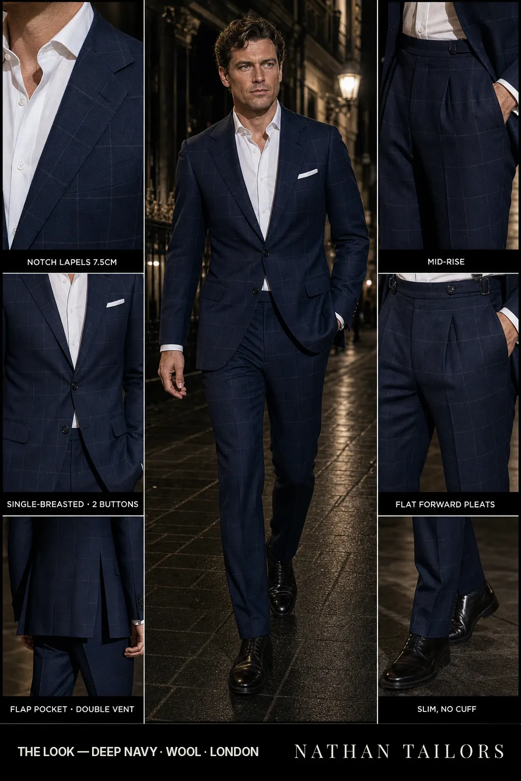 deep navy windowpane single-breasted notch-lapel bespoke suit — AI-rendered by Nathan Tailors, the Hoi An custom tailor. Available as a custom tailored suit from $149.