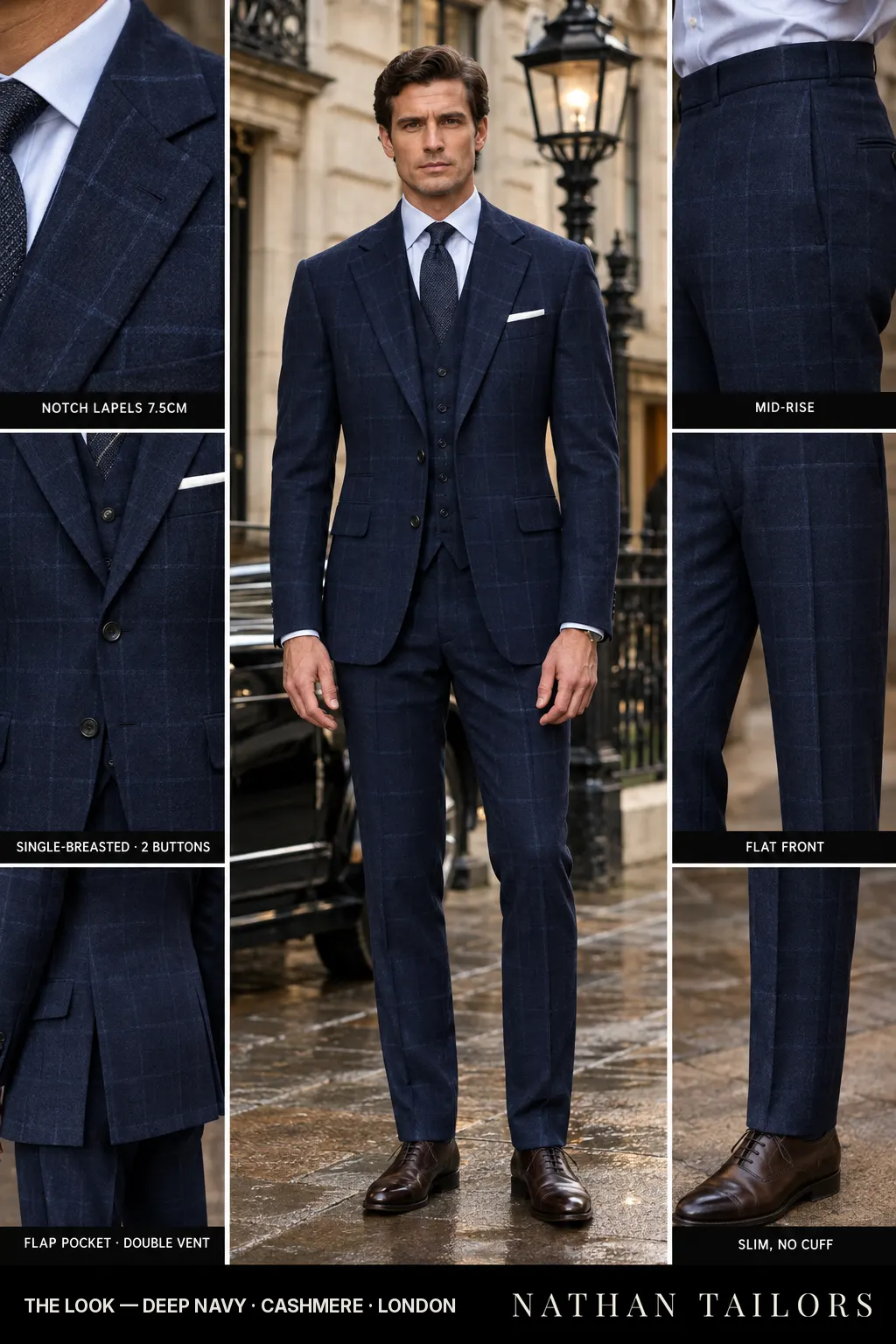 deep navy windowpane single-breasted bespoke suit — custom tailored by Nathan Tailors, the Hoi An custom tailor