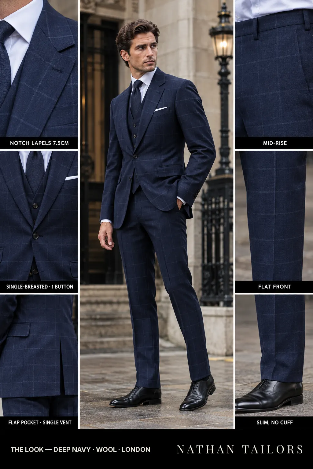 deep navy windowpane single-breasted bespoke suit — custom tailored by Nathan Tailors, the Hoi An custom tailor