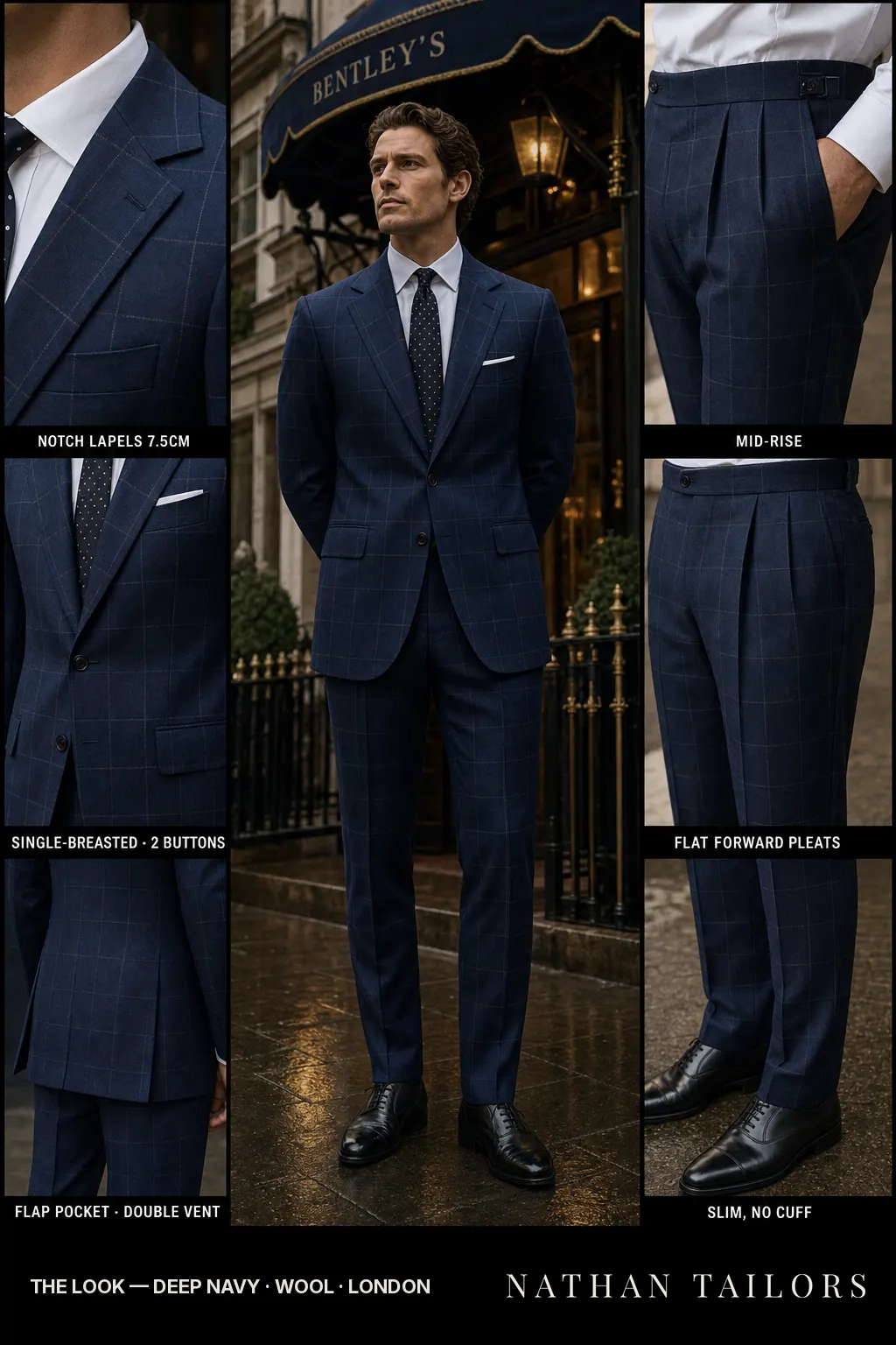 deep navy windowpane single-breasted notch-lapel bespoke suit — AI-rendered by Nathan Tailors, the Hoi An custom tailor. Available as a custom tailored suit from $149.