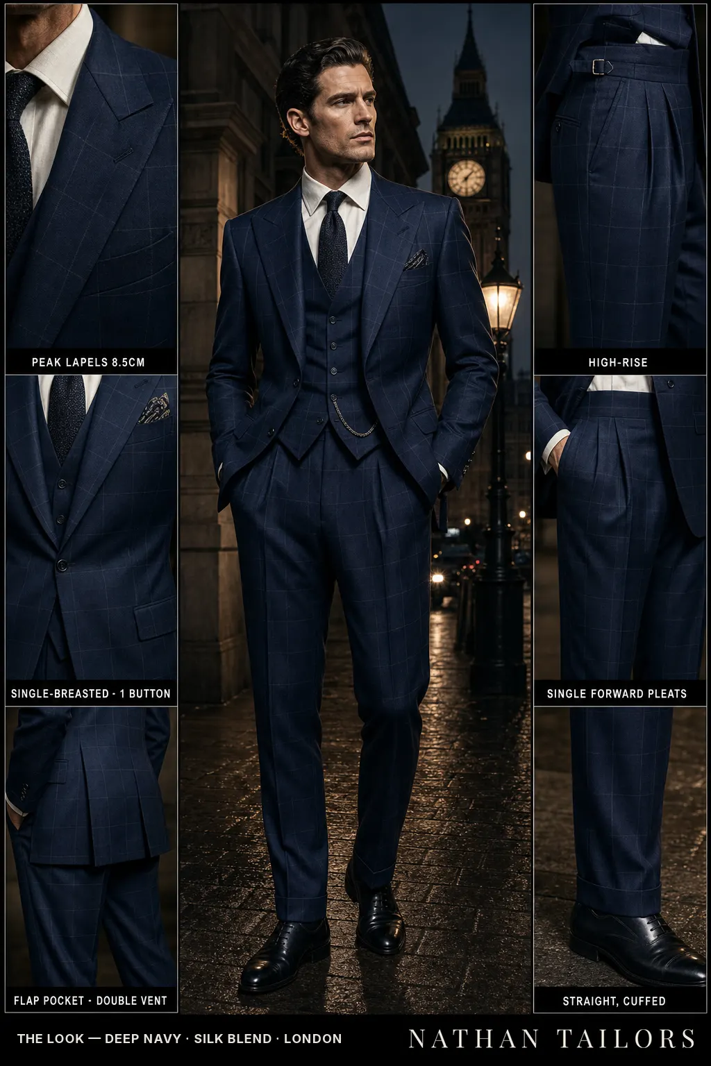 deep navy windowpane single-breasted peak-lapel bespoke suit — AI-rendered by Nathan Tailors, the Hoi An custom tailor. Available as a custom tailored suit from $169.
