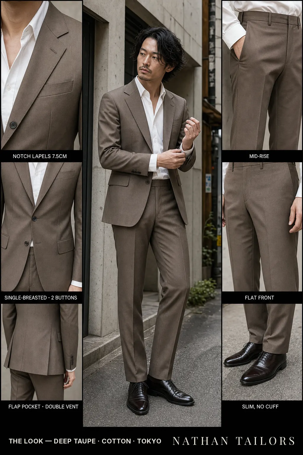 deep taupe single-breasted bespoke suit — custom tailored by Nathan Tailors, the Hoi An custom tailor