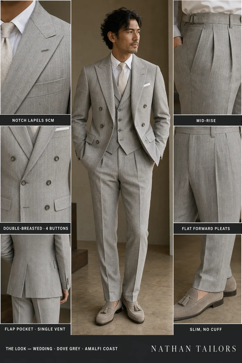 dove grey herringbone double-breasted notch-lapel bespoke suit โ AI-rendered by Nathan Tailors, the Hoi An custom tailor. Available as a custom tailored suit from $169.