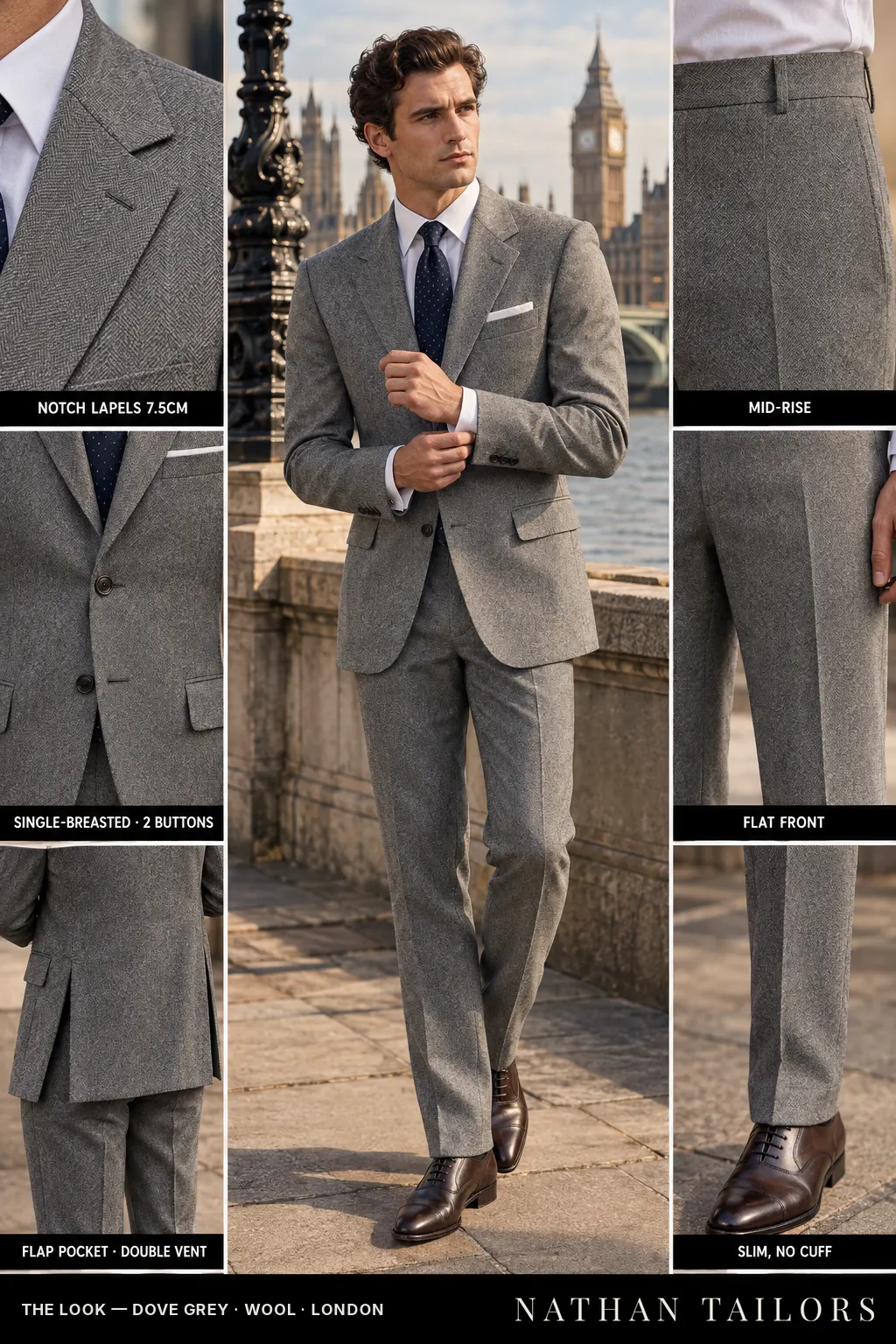 dove grey herringbone single-breasted bespoke suit — custom tailored by Nathan Tailors, the Hoi An custom tailor