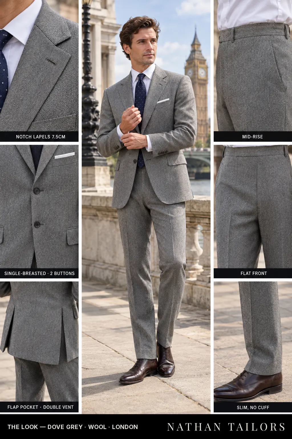 dove grey herringbone single-breasted bespoke suit โ custom tailored by Nathan Tailors, the Hoi An custom tailor