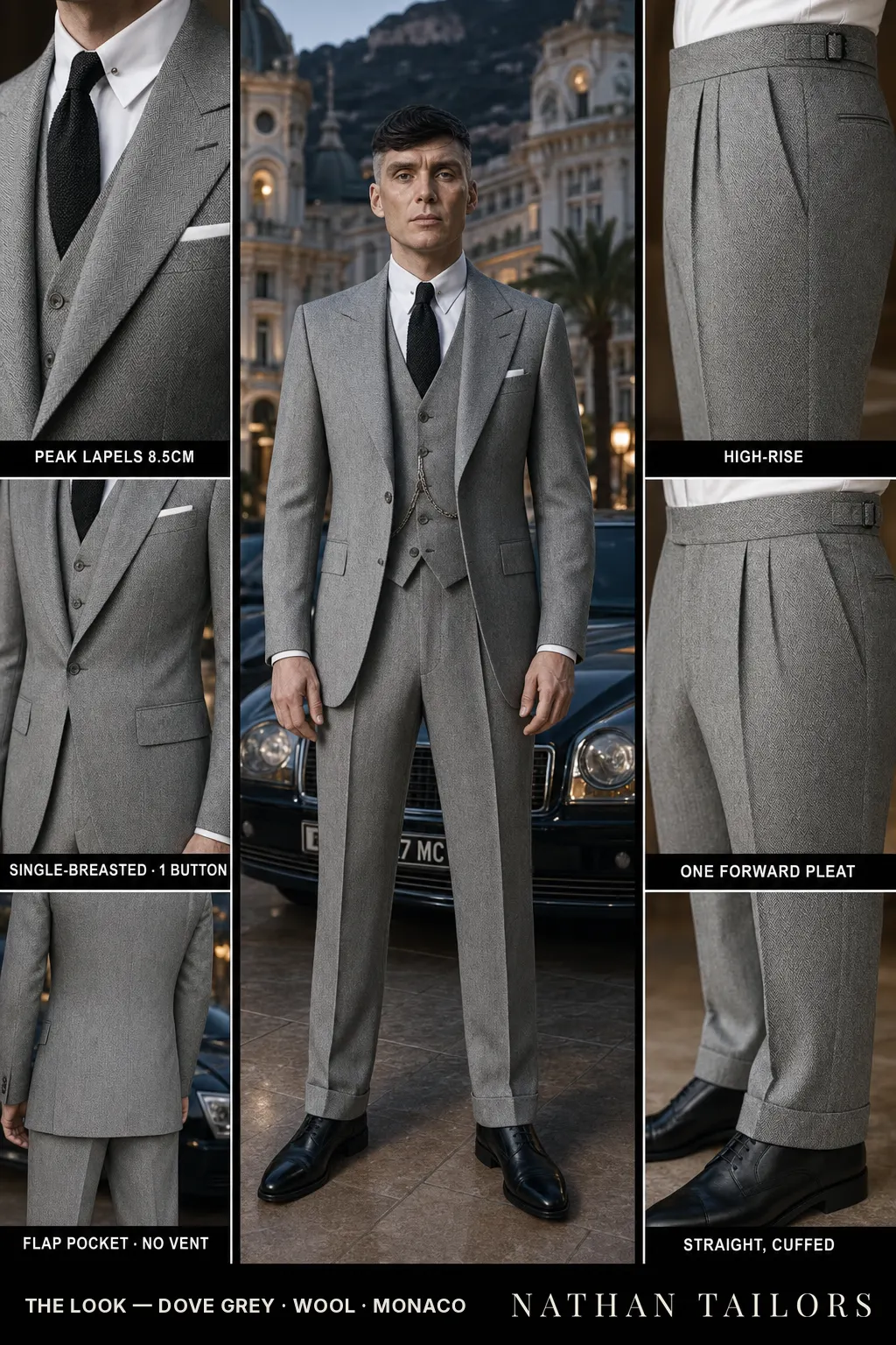 dove grey herringbone single-breasted peak-lapel bespoke suit โ AI-rendered by Nathan Tailors, the Hoi An custom tailor. Available as a custom tailored suit from $149.