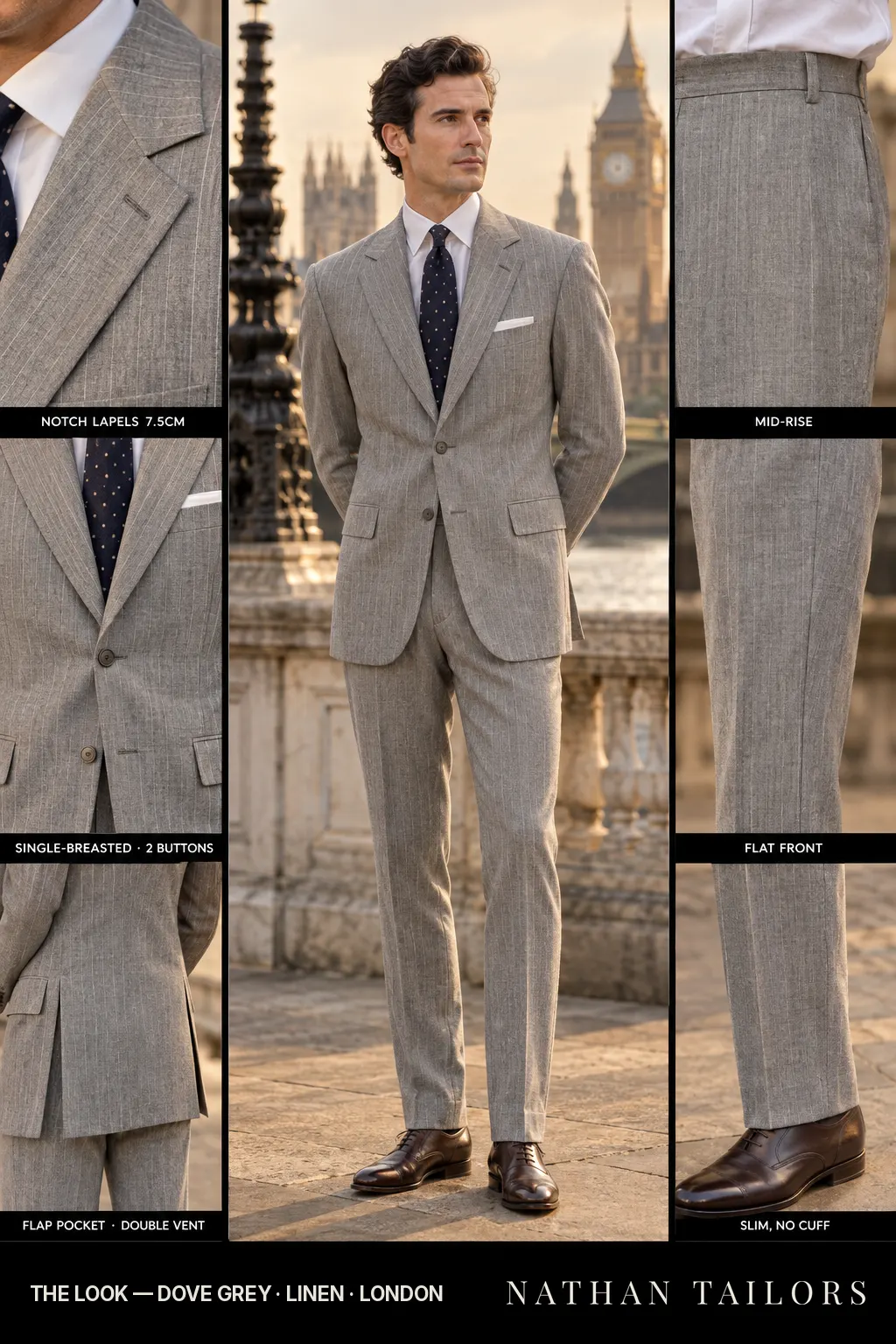 dove grey pinstripe single-breasted notch-lapel bespoke suit โ AI-rendered by Nathan Tailors, the Hoi An custom tailor. Available as a custom tailored suit from $149.