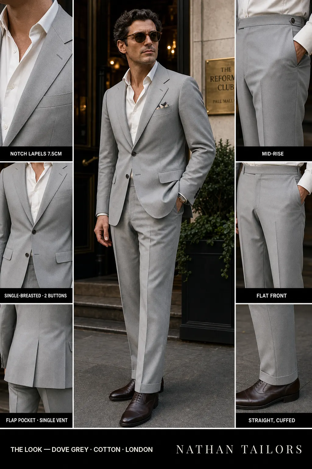 dove grey single-breasted notch-lapel bespoke suit — AI-rendered by Nathan Tailors, the Hoi An custom tailor. Available as a custom tailored suit from $149.