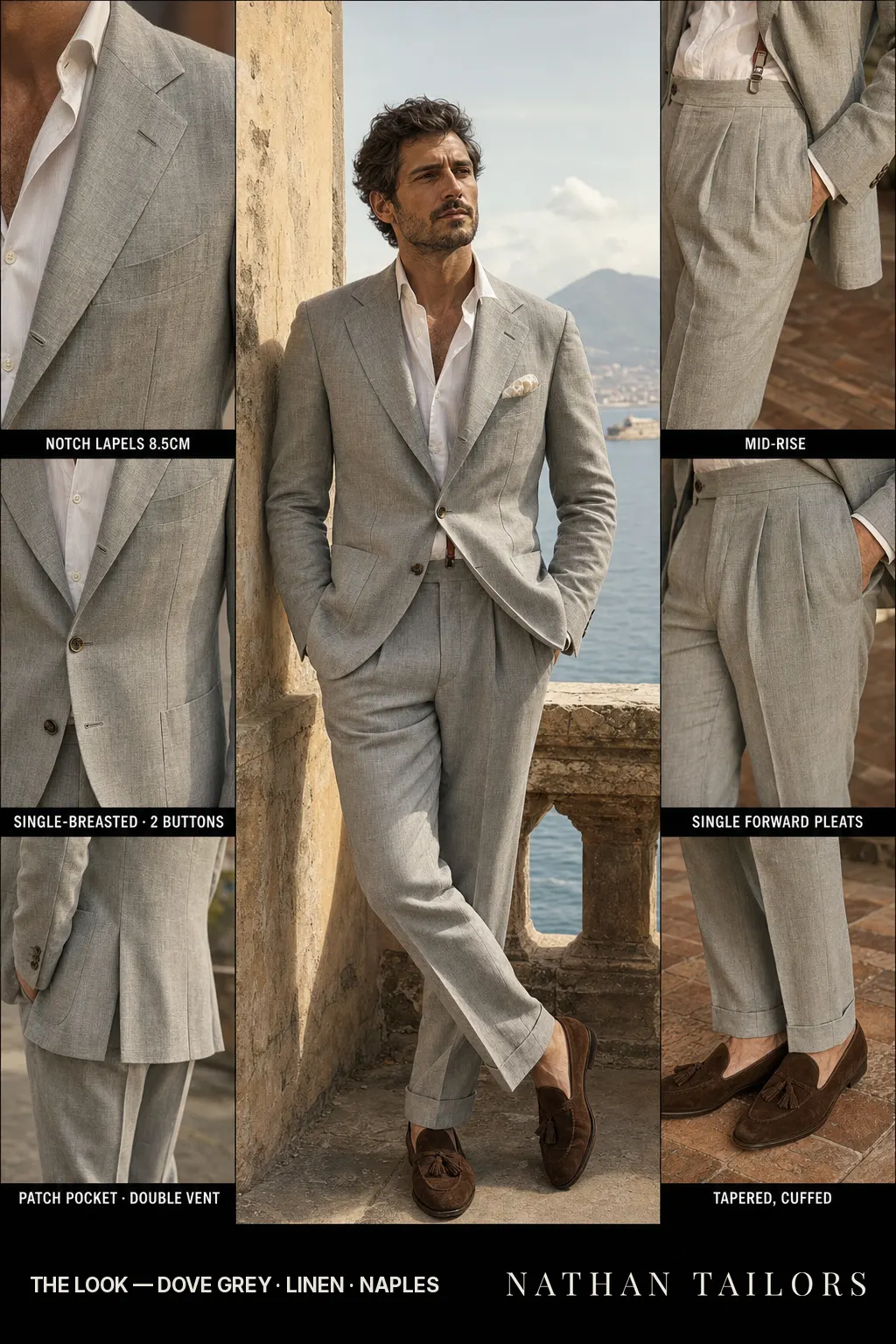 dove grey single-breasted notch-lapel bespoke suit — AI-rendered by Nathan Tailors, the Hoi An custom tailor. Available as a custom tailored suit from $149.