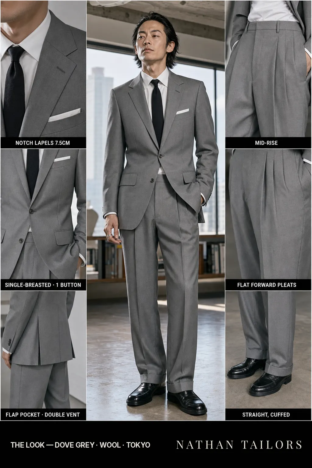 dove grey single-breasted notch-lapel bespoke suit โ AI-rendered by Nathan Tailors, the Hoi An custom tailor. Available as a custom tailored suit from $149.