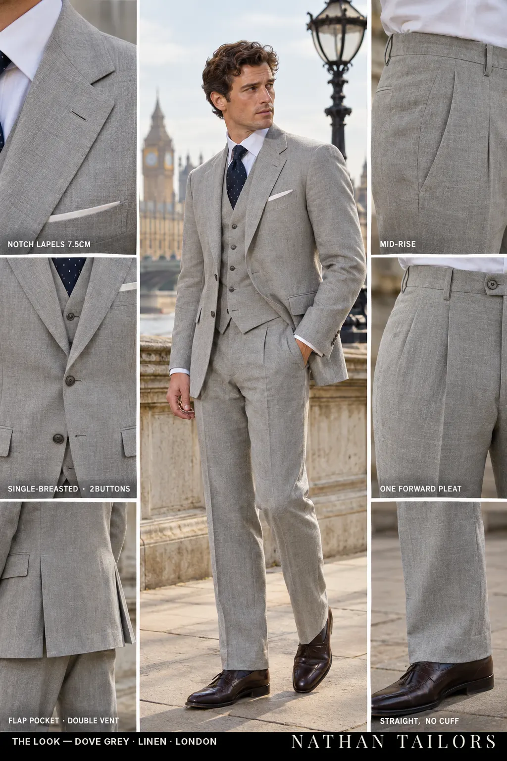 dove grey single-breasted bespoke suit โ custom tailored by Nathan Tailors, the Hoi An custom tailor