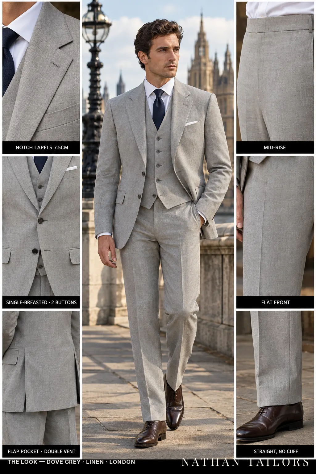 dove grey single-breasted bespoke suit โ custom tailored by Nathan Tailors, the Hoi An custom tailor