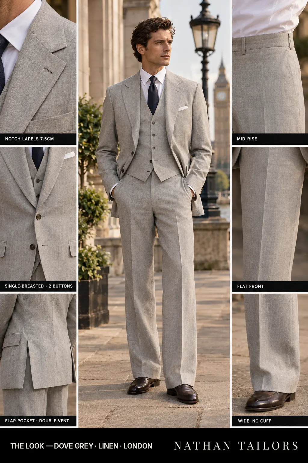 dove grey single-breasted bespoke suit โ custom tailored by Nathan Tailors, the Hoi An custom tailor