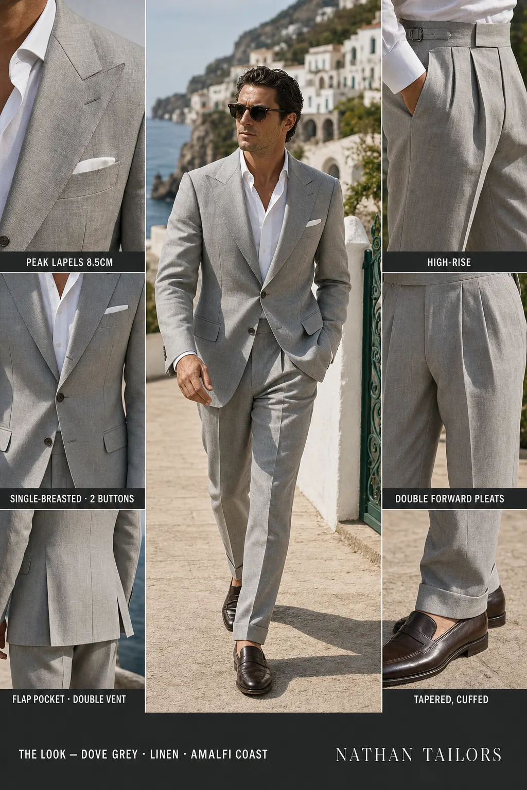dove grey single-breasted peak-lapel bespoke suit — AI-rendered by Nathan Tailors, the Hoi An custom tailor. Available as a custom tailored suit from $149.
