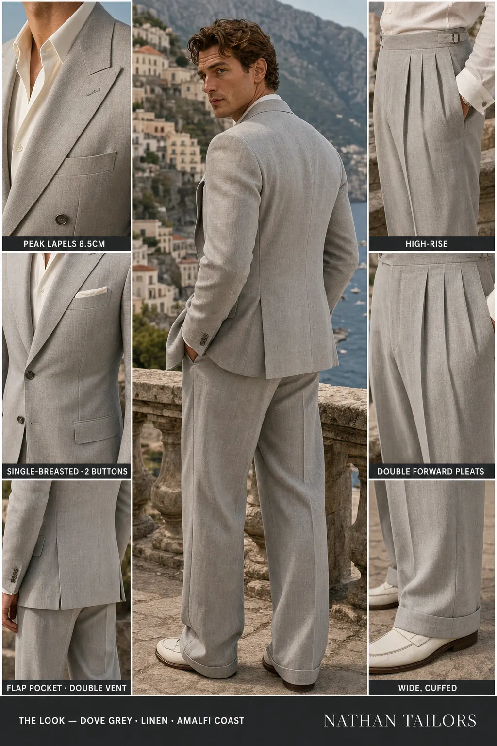 dove grey single-breasted peak-lapel bespoke suit — AI-rendered by Nathan Tailors, the Hoi An custom tailor. Available as a custom tailored suit from $149.