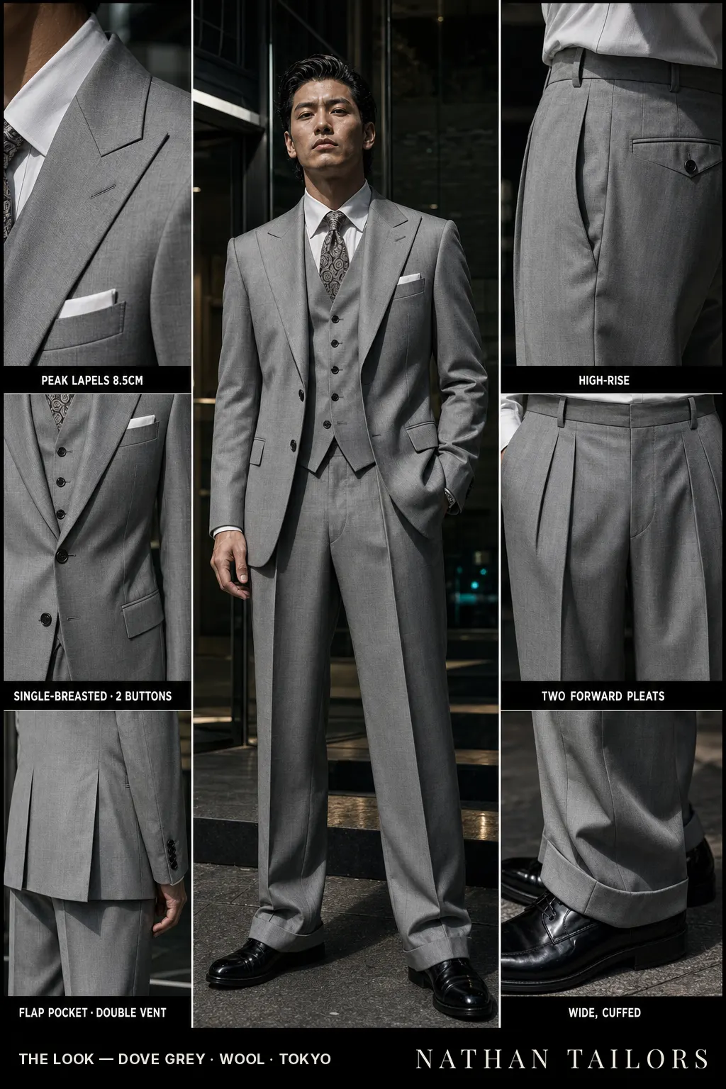 dove grey single-breasted peak-lapel bespoke suit — AI-rendered by Nathan Tailors, the Hoi An custom tailor. Available as a custom tailored suit from $149.